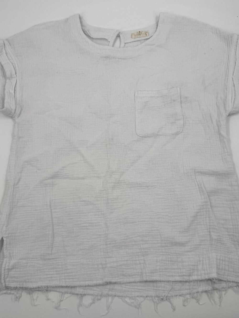 Roolee‎ Gauze Pocket Top Womens Medium White Short Sleeve Frayed Hem Boho AC84